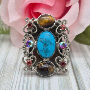 Silver Tone Statement Ring Mirrored Cats Eye Stone Rhinestones & Faux Turquoise